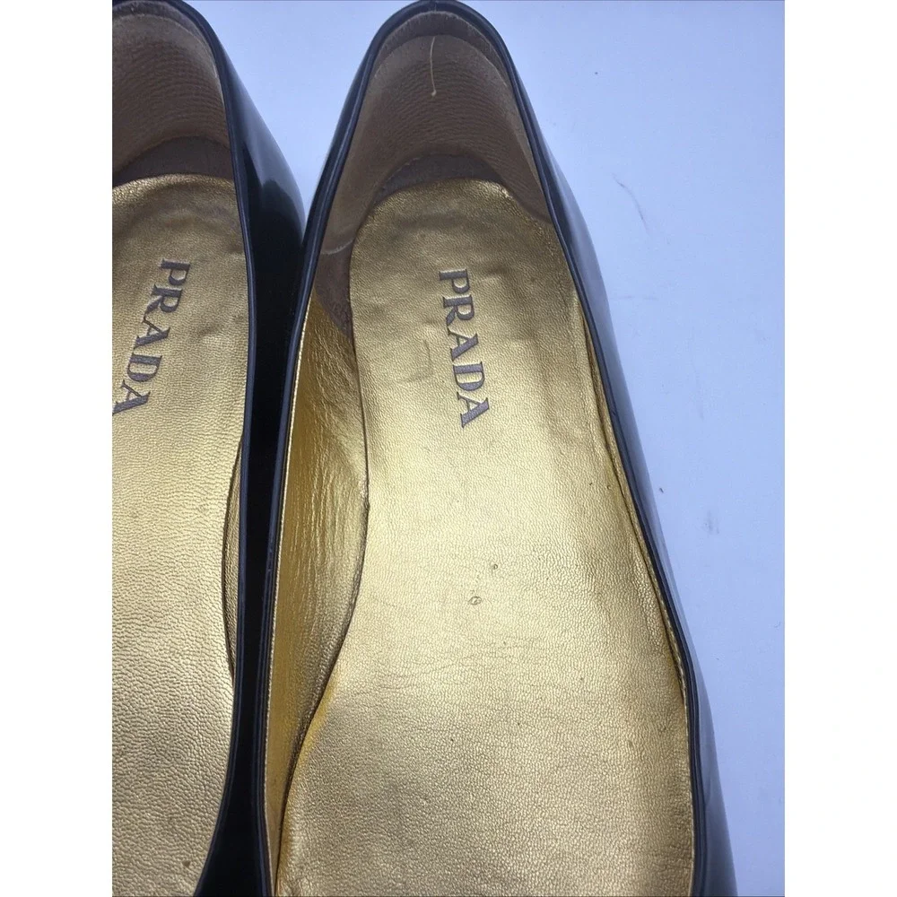 PRADA Black Patent Leather Flats Peep Toe Slides 35.5